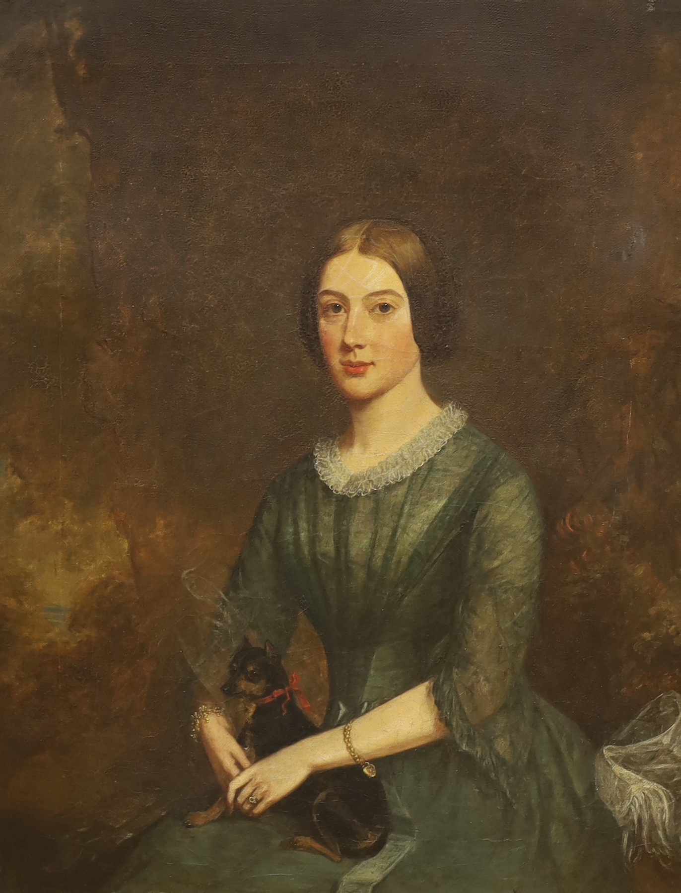 19th century English School, oil on canvas, Three quarter length portrait of a lady and her dog, 44 x 34cm, gilt framed